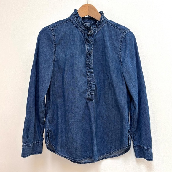 GAP Denim Ruffle Trim Popover Shirt Cottagecore Prairie Dark Indigo Blue XSP - Picture 5 of 12